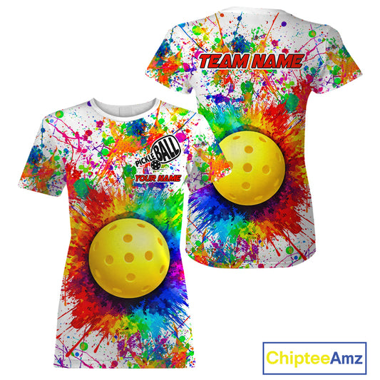 Colorful paint pickleball ball tshirt for women splatter pickleball clothing white