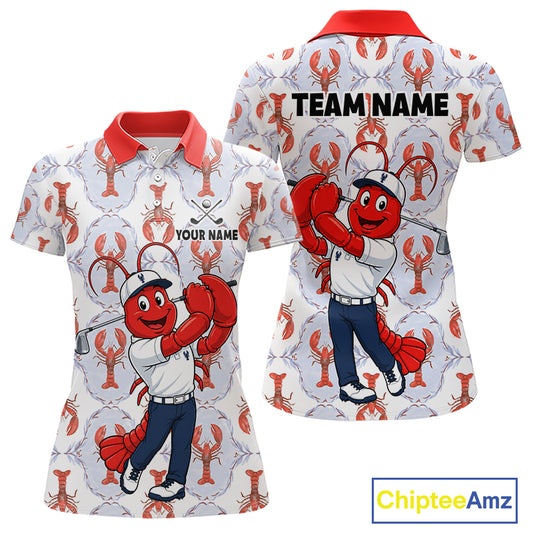 Custom Lobster women's golf polo shirt with personalized name, funny lobster mascot, breathable golf apparel, golf tournament uniform, seafood lover gift