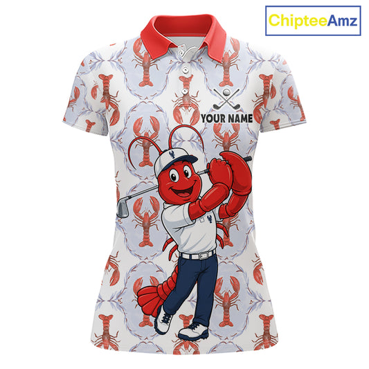 Custom Lobster women's golf polo shirt with personalized name, funny lobster mascot, breathable golf apparel, golf tournament uniform, seafood lover gift
