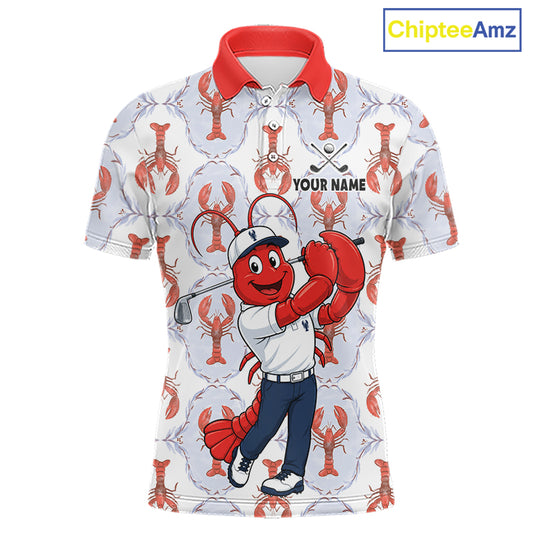 Personalized Lobster men's golf polo shirt, funny lobster golfer, moisture-wicking golf apparel, golf team jersey, beach golf tournament