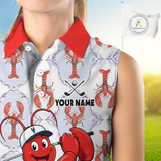 Female golfer wearing personalized Lobster golf polo, coastal golf fashion, golf vacation apparel, golf club uniform, summer golf outfit
