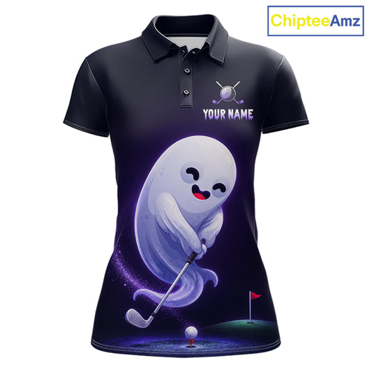Funny Purple Ghost women's golf polo shirt, Halloween golf apparel, breathable golf uniform, personalized golf team shirt
