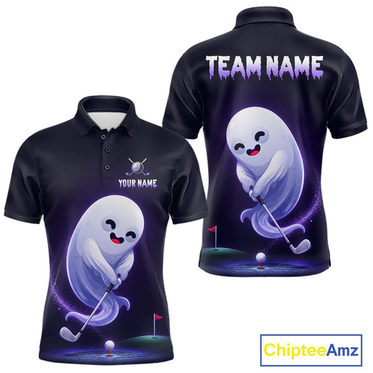 Funny Purple Ghost men's golf polo, Halloween golf team shirt, moisture-wicking performance golf apparel, custom golf uniform