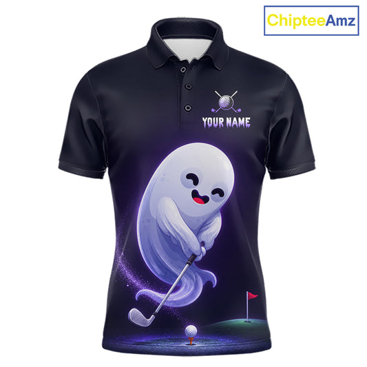 Funny Purple Ghost men's golf polo, Halloween golf team shirt, moisture-wicking performance golf apparel, custom golf uniform