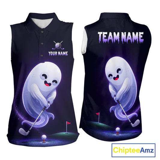 Funny Purple Ghost women sleeveless golf polo, personalized ghost golfer shirt, spooky golf apparel, Halloween golf league clothing