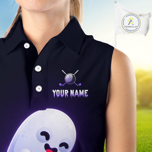 Female golfer wearing Purple Ghost golf polo, spooky golf fashion, personalized golf apparel, golf outing clothing