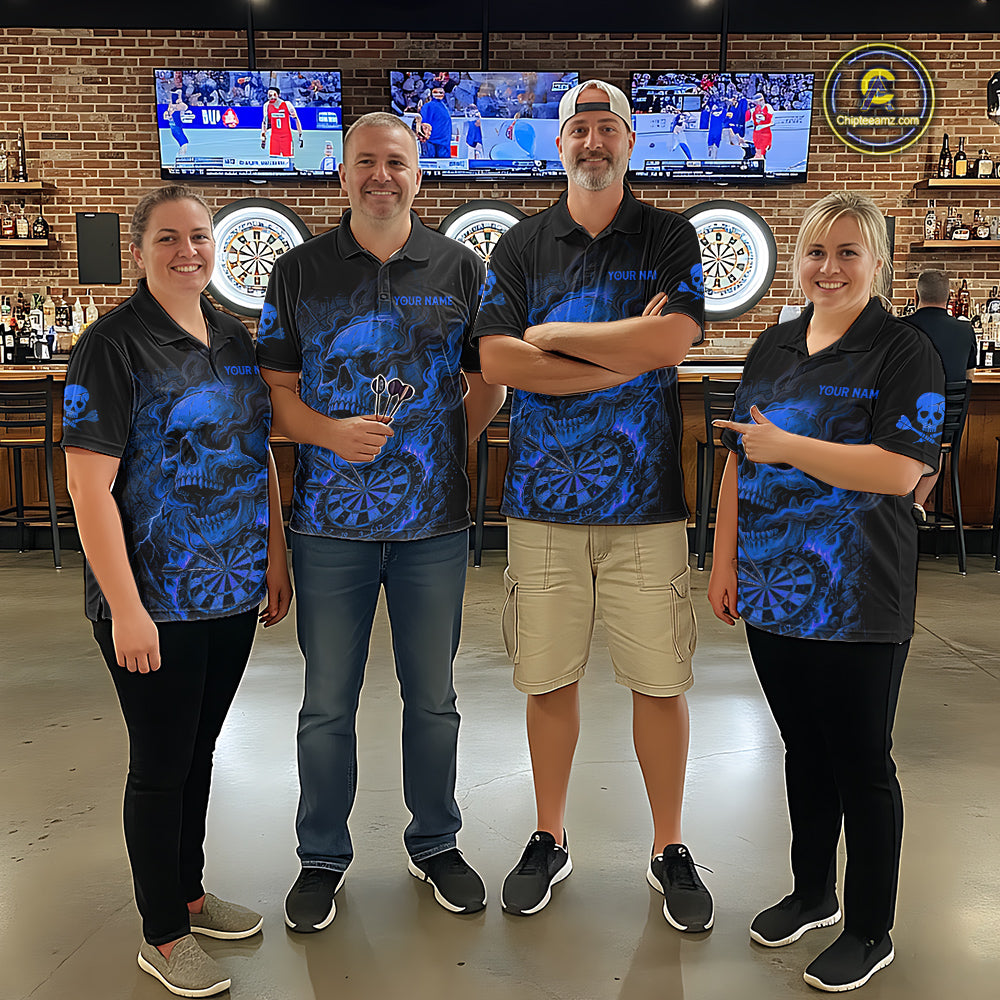 Fire Flame Skull Blue Grunge Dartboard Custom Dart Polo Shirt For Men Dart League Jerseys NYN2094