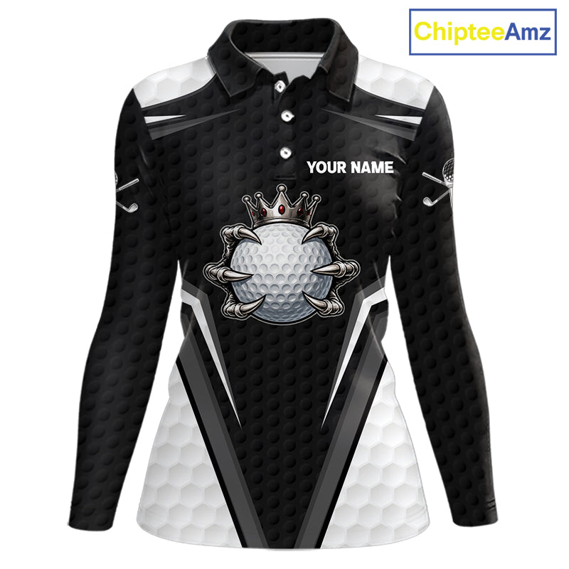 Custom Crown Claws Golf Ball Team Attire White And Black Golf Ball Pattern Polo Shirts For Women NYN3177