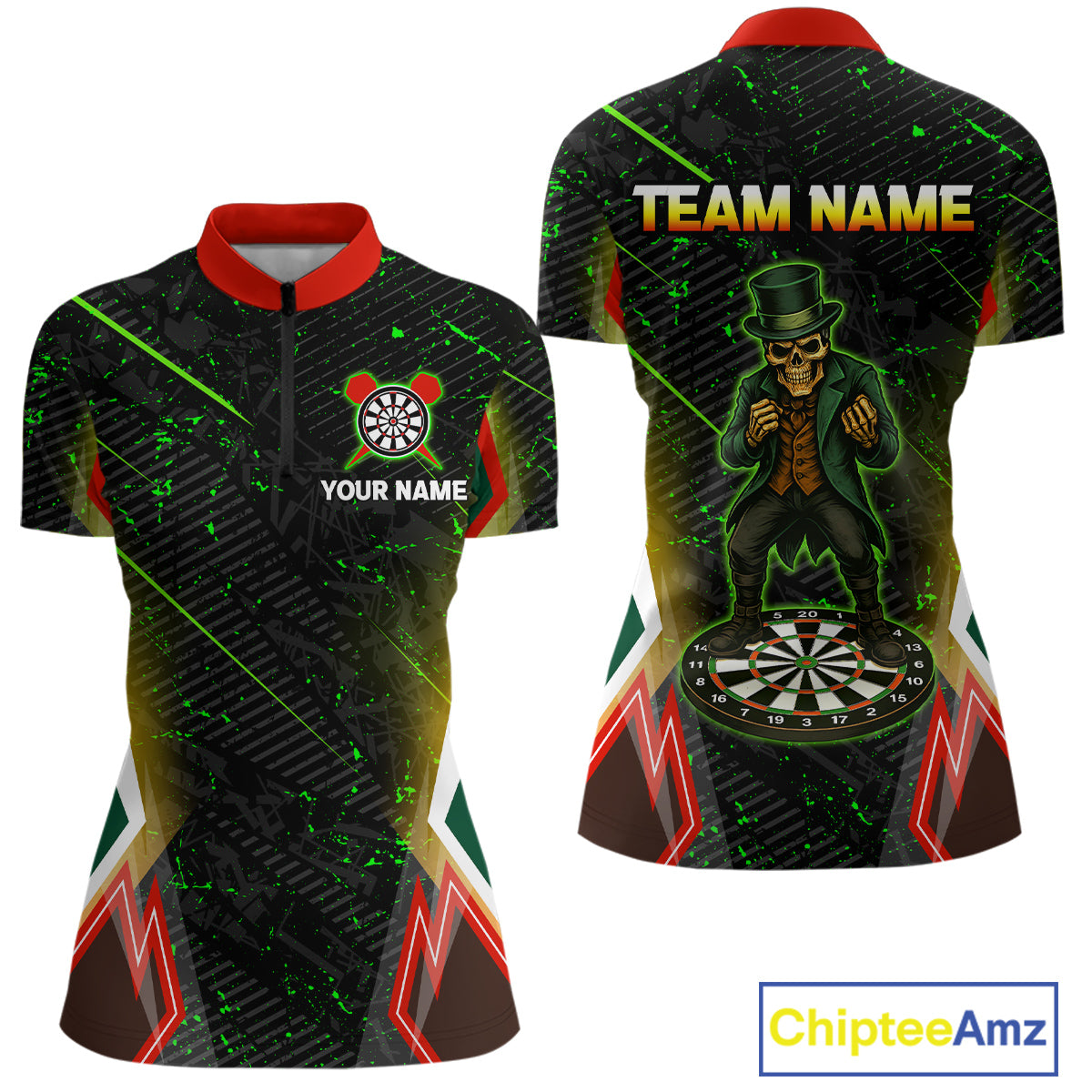 Green Skeleton With Urban Neon Women's Dart Shirt - Custom Name For Darts Jersey NYN0430