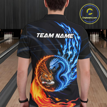 Dragon And Tiger Funny Bowling Polo 1/4-Zip Shirts For Men Custom Blue & Red Flame Bowling Team Shirt NYN3928