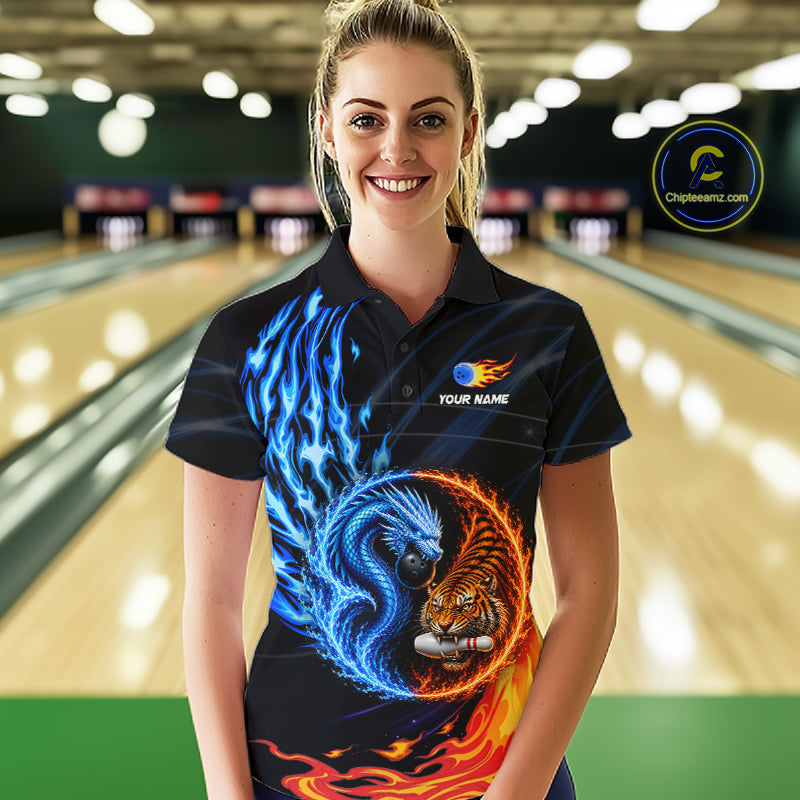Female bowler wearing Dragon Tiger bowling polo, mythological sports apparel