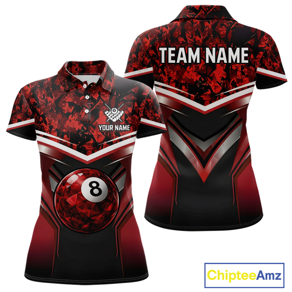 Black & Red Geometric 8 Ball Pool Polo & 1/4-Zip Shirt For Women Custom Pool Billiard Team Jerseys NYN2980