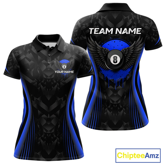 Blue Dripping Wings 8 Ball Billiard Polo 1/4-Zip Shirt For Women Custom Billiard Pool Team Jersey NYN3943