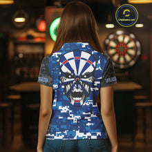 Load image into Gallery viewer, Blue And Black Camo Skull Dartboard Women's Darts Shirt Custom Name For Darts Jersey NYN0694
