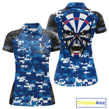Load image into Gallery viewer, Blue And Black Camo Skull Dartboard Women's Darts Shirt Custom Name For Darts Jersey NYN0694