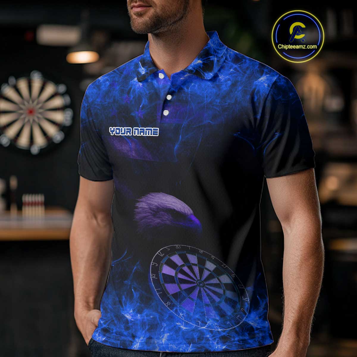Custom Black And Blue Flames Eagle Dartboard Darts Polo Shirt For Men Outfit Darts Jerseys NYN0946