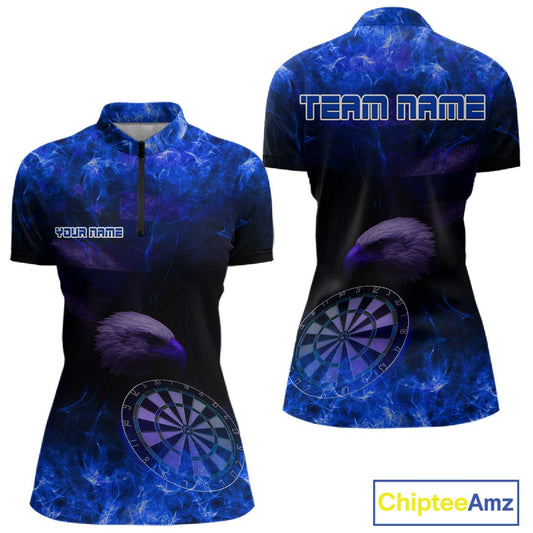 Custom Black And Blue Flames Eagle Dartboard Darts 1/4-Zip Shirt For Women Outfit Darts Jerseys NYN0946