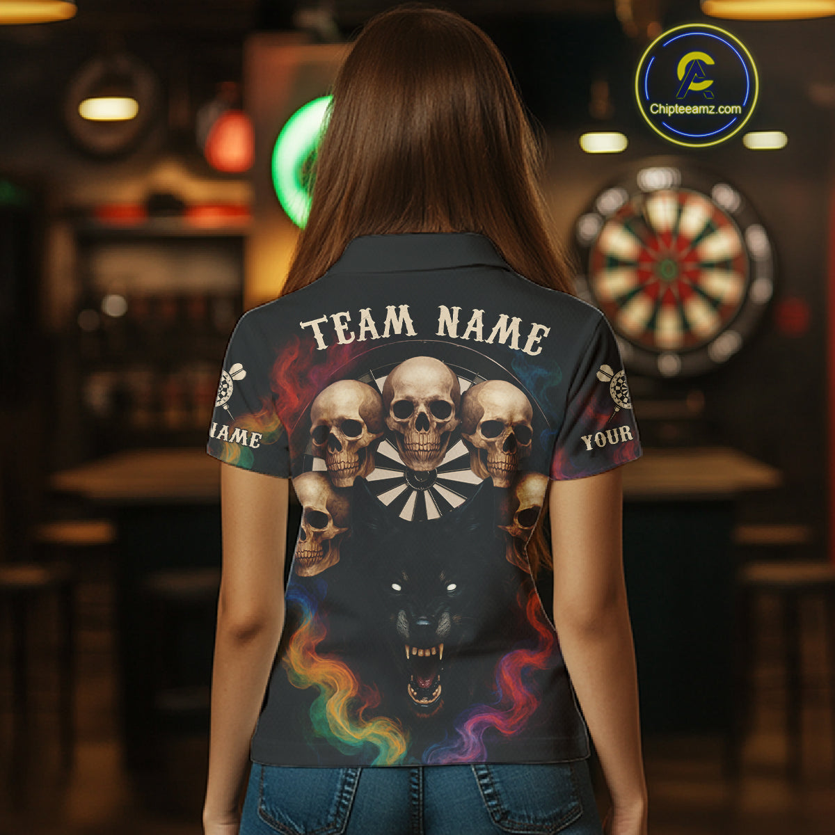 Custom Wolf Skulls Women's Polo Dart Shirt Colorful Smoke Dart Outfits Jerseys For Darters NYN1323