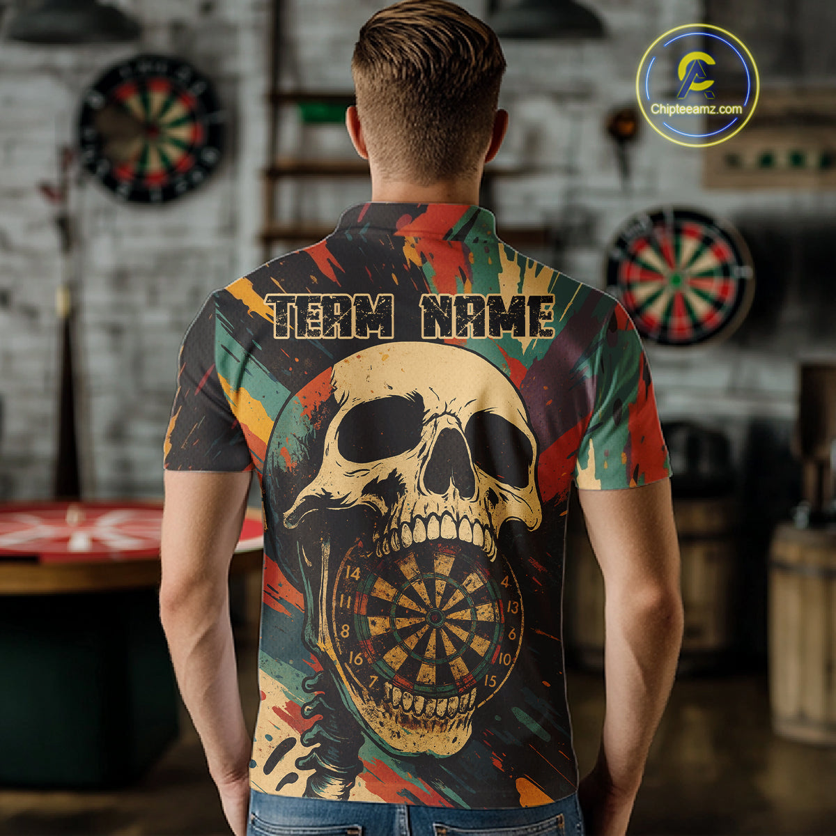 Custom Colorful Skull Grunge Polo Dart Jerseys For Men Skull Dartboard Outfits Dart Shirts NYN1325