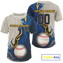 Load image into Gallery viewer, Custom Yellow And Blue Flames Baseball Ball Shirt For Men Youth Baseball Team Jerseys NYN1329
