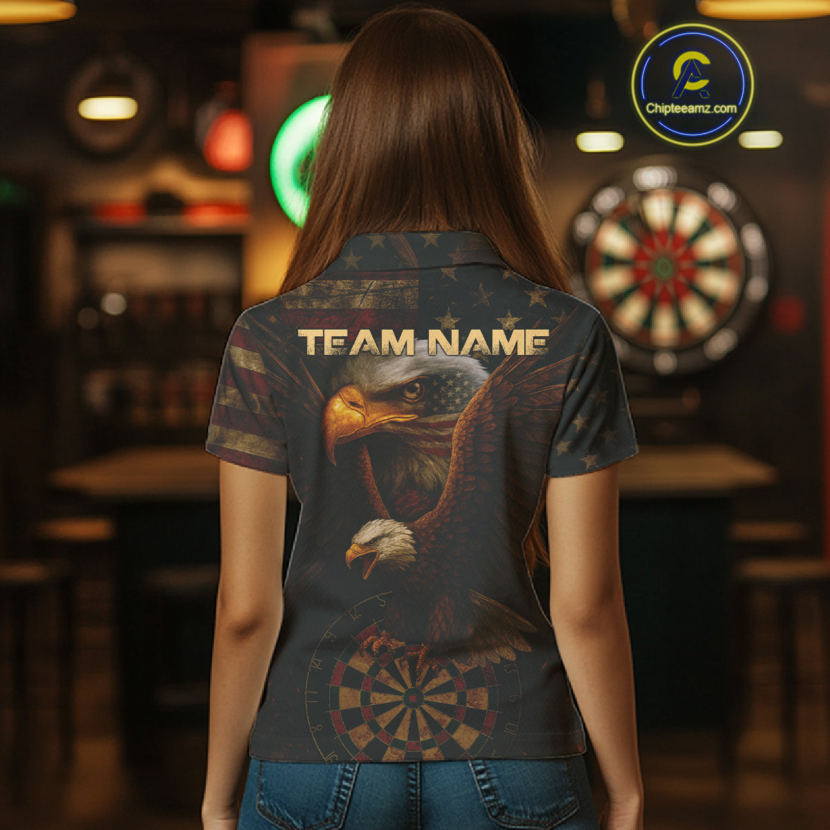 Custom Eagle Grunge Dartboard Polo Dart Shirt For Women US Flag Patriotic Dart Jersey NYN1332