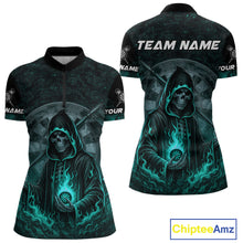 Load image into Gallery viewer, Custom Black-Turqoise Flames Skull Dartboard Darts 1/4-Zip Jerseys For Women, Darts Fan Uniform NYN0985