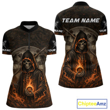 Load image into Gallery viewer, Custom Black-Orange Flames Skull Dartboard Darts 1/4-Zip Jerseys For Women, Darts Fan Uniform NYN0986