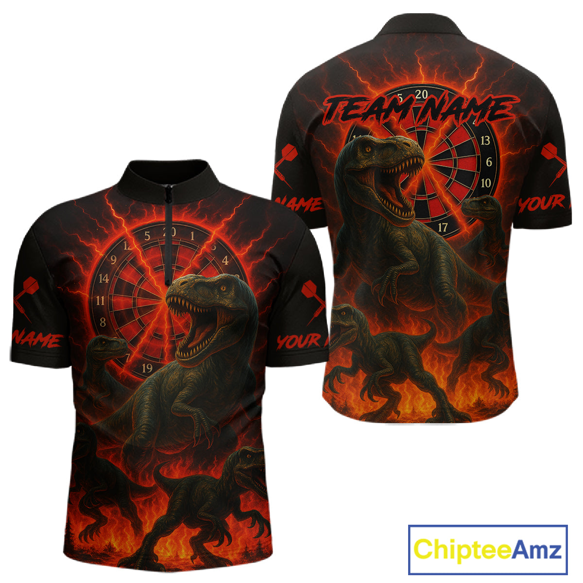 Custom Red Flaming Dinosaurs Dartboard 1/4-Zip Dart Shirt For Men Dinosaur Dart Jerseys NYN1358