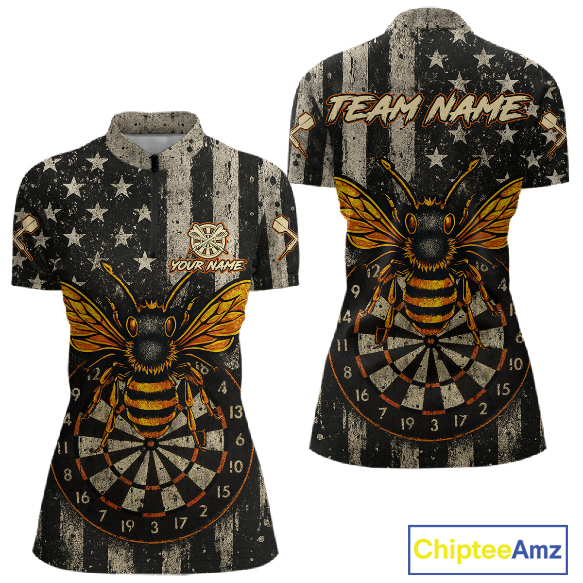 Custom Bees Dartboard Patriotic Dart 1/4-Zip Shirt For Women US Flag Grunge Dart Jersey NYN1360