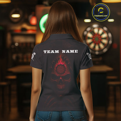 Red Flaming Dartboard In Grim Reaper Women's Team Shirt - Custom Name For Darts Jersey NYN0515