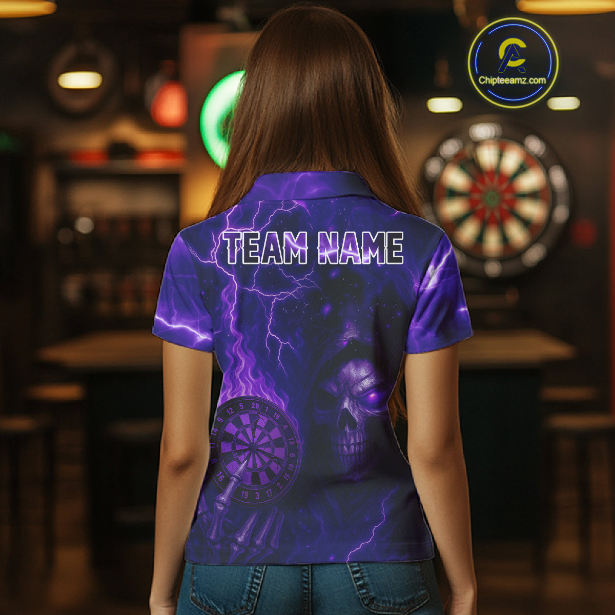 Personalized Purple Flames Skull Dartboard Darts Jersey Custom Women's Skull Darts Polo Shirt NYN1029