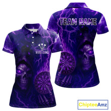 Load image into Gallery viewer, Personalized Purple Flames Skull Dartboard Darts Jersey Custom Women's Skull Darts Polo Shirt NYN1029