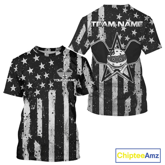 Custom Black-White Patriotic Pickleball T-Shirt For Men US Flag Grunge Pickleball Jersey NYN1371