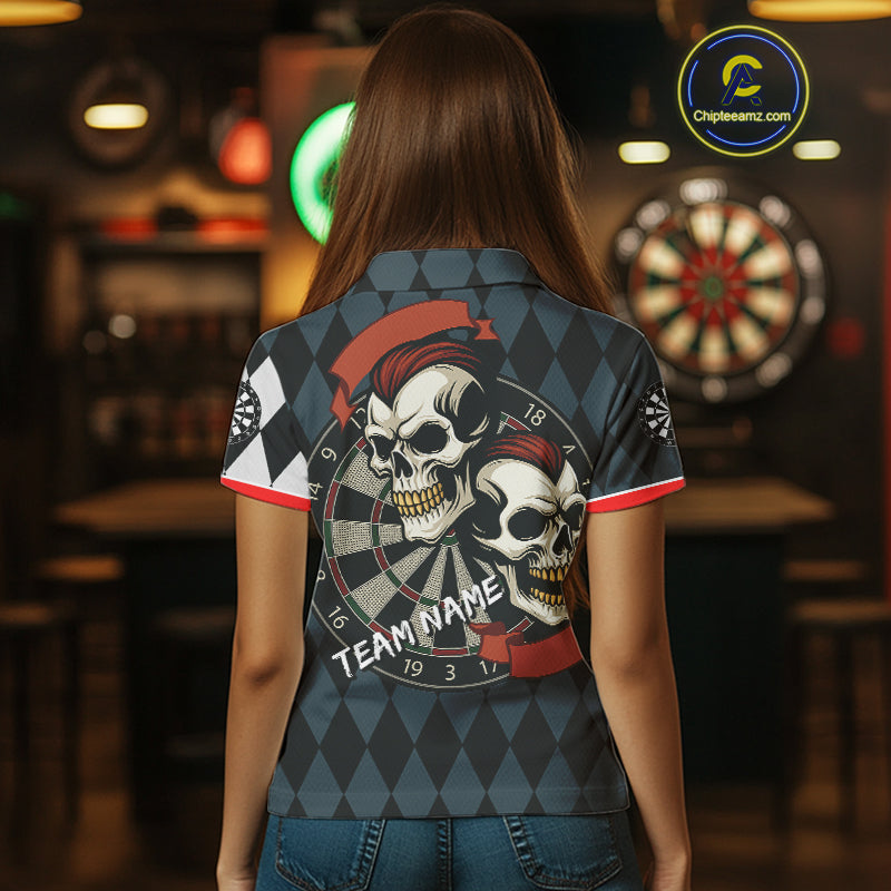 Red-Haired Skulls With Dartboard Women's Navy Darts Shirt - Custom Name For Players NYN0520