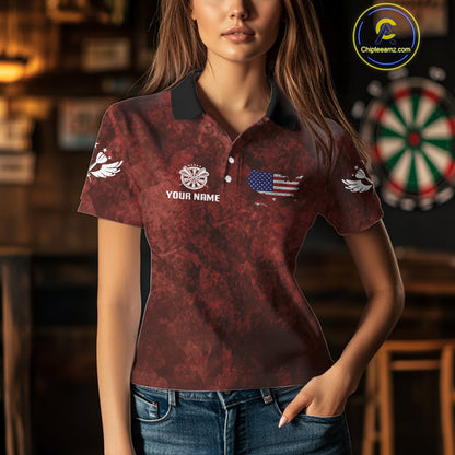 US Flag & Map Dartboard Women's Red Darts Shirt - Custom Name For Darts Jersey NYN0524