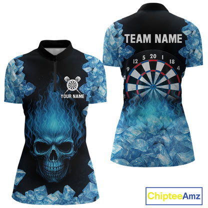 Ice Flame Skull & Dartboard Custom Darts Quarter-Zip Shirt For Women - Darts Team Jersey NYN0743