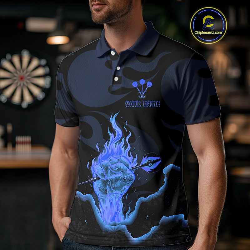 Custom Blue Flaming Dart Arrow Polo & 1/4-Zip Darts Shirts Outfit Darts Jersey For Men NYN1051