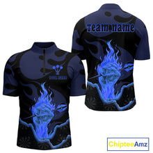 Load image into Gallery viewer, Custom Blue Flaming Dart Arrow Polo &amp; 1/4-Zip Darts Shirts Outfit Darts Jersey For Men NYN1051