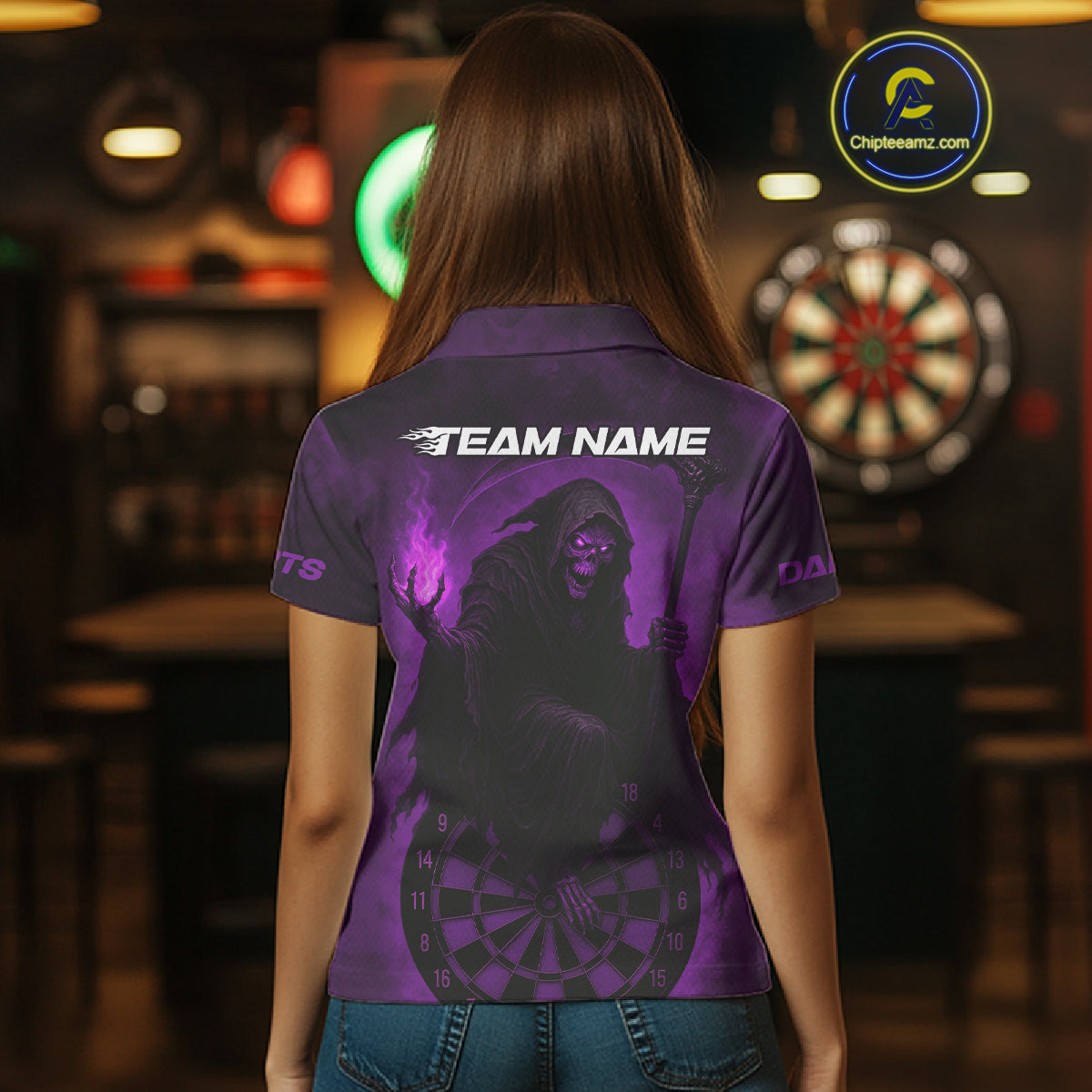 Custom Purple Flames Skeleton Dartboard Dart Shirt For Women Dart Tournament Jerseys NYN1410