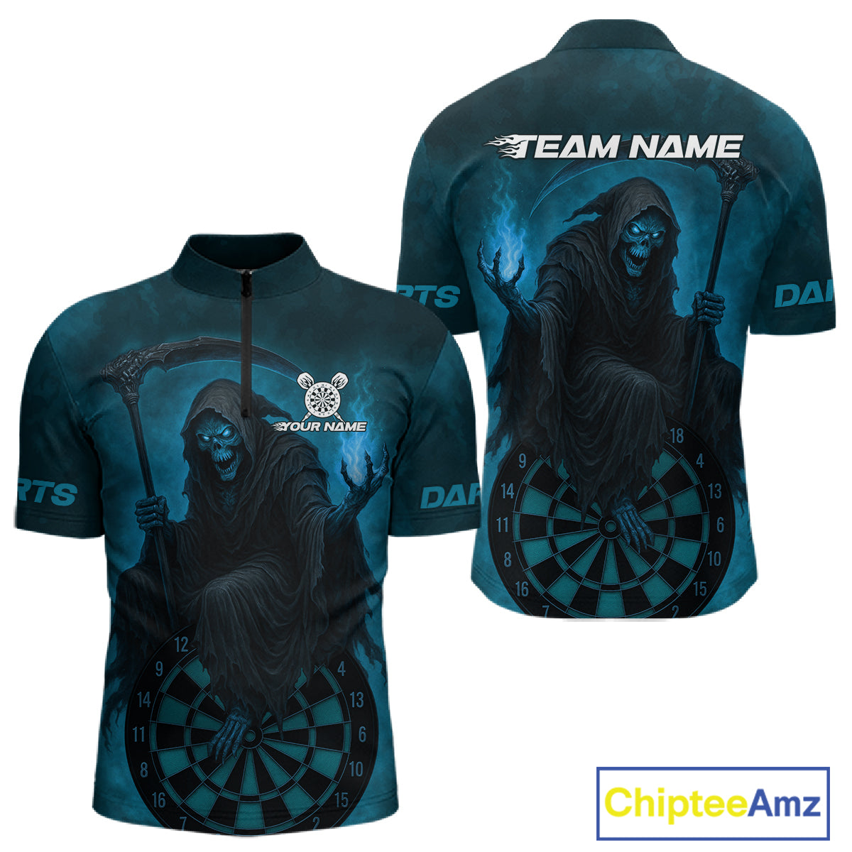 Custom Turquoise Flames Skeleton Dartboard Dart 1/4-Zip Shirt For Men Dart Tournament Jerseys NYN1411