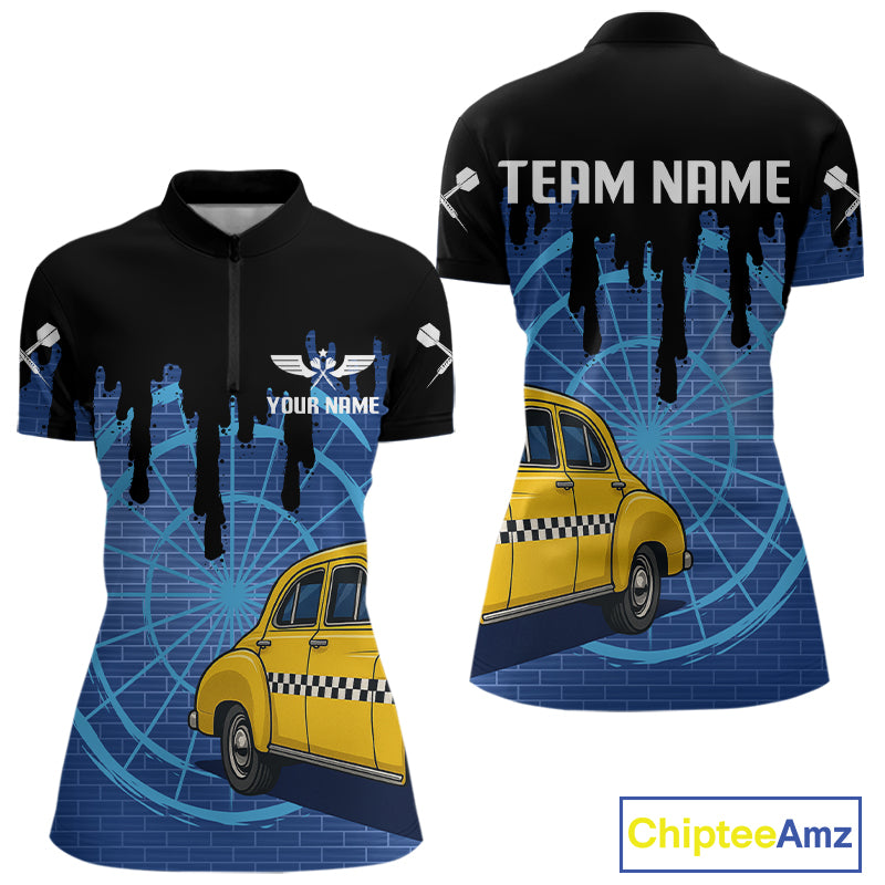 Blue Dartboard & Black Dripping Color Women's Darts Shirt - Custom Name For Players NYN0549