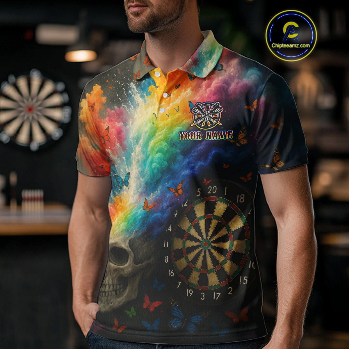 Custom Colorful Smoke Skull Dartboard Men Dart Shirt Outfits Butterflies Dart Jerseys NYN1063