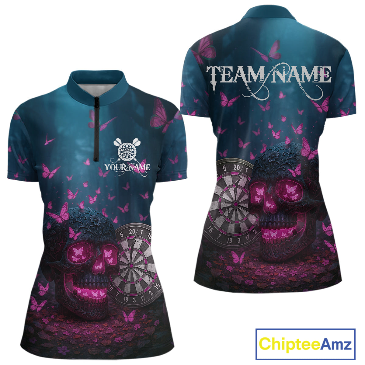 Custom Blue And Pink Butterflies Skull Dart Shirt For Women Romantic Darts Team Jerseys NYN1070