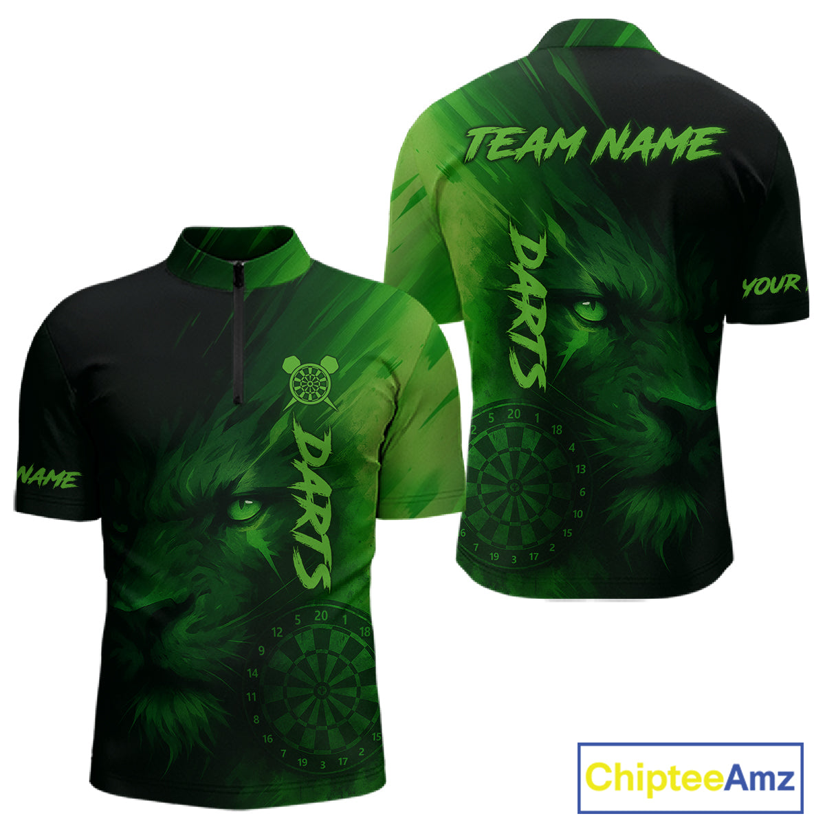 Custom Black-Green Horror Lion Dartboard Dart 1/4-Zip Shirt For Men Grunge Dart Jerseys NYN1412