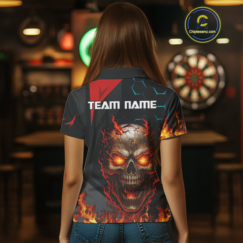Flaming Skull Dartboard Red Black Darts Shirt For Women - Custom Name For Players NYN0556