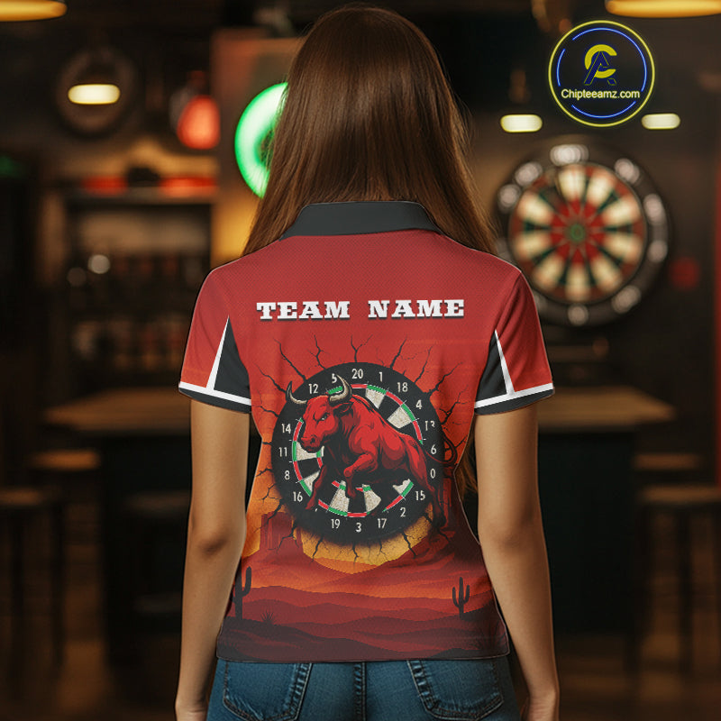 Red Rampage Bull & Cracked Dartboard Women's Darts Shirt - Custom Name For Players NYN0558