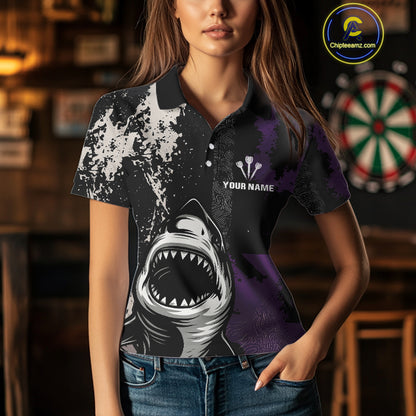 Back & Purple Shark Dartboard Grunge Women's Darts Shirt - Custom Name For Players NYN0566