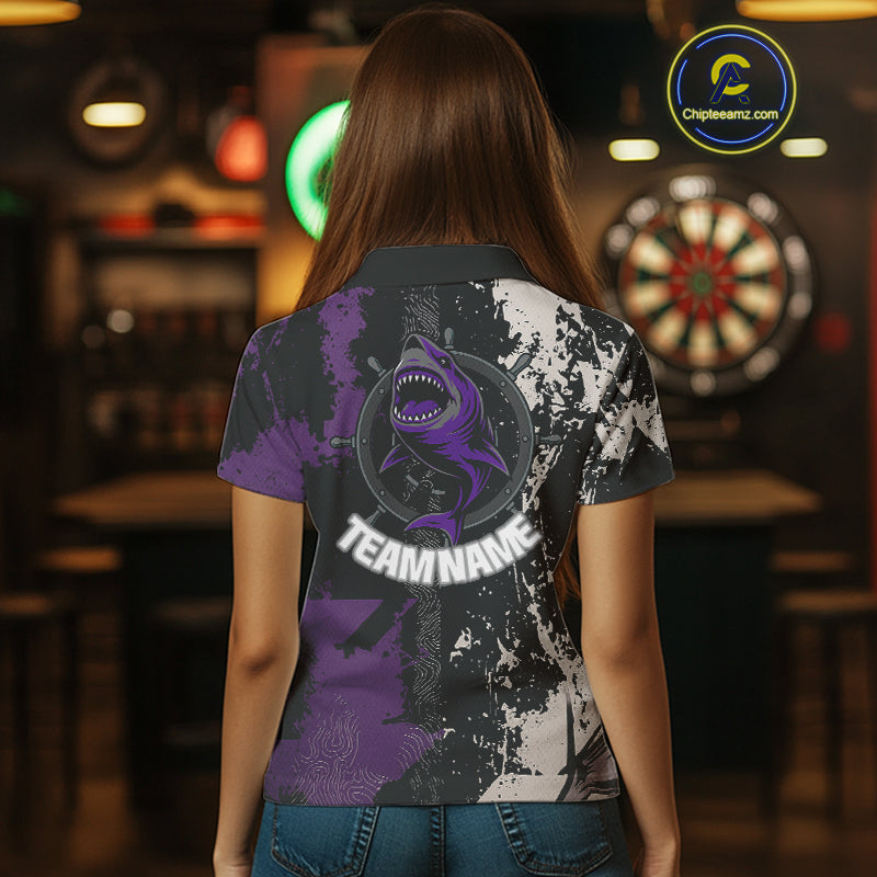 Back & Purple Shark Dartboard Grunge Women's Darts Shirt - Custom Name For Players NYN0566