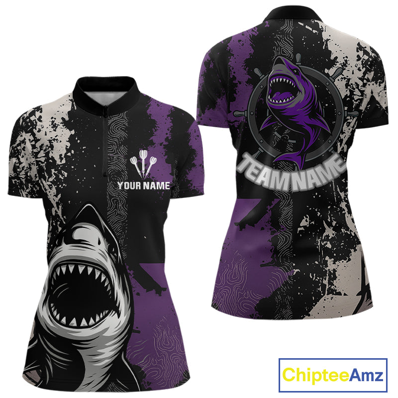 Back & Purple Shark Dartboard Grunge Women's Darts Shirt - Custom Name For Players NYN0566