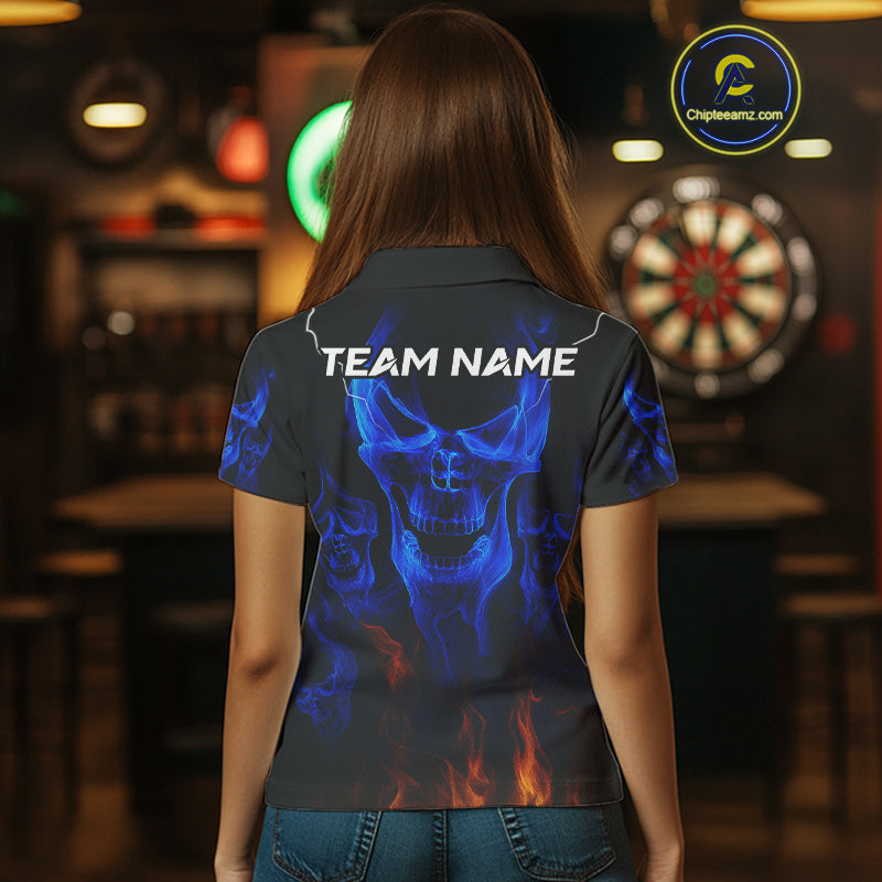 Custom Women's Darts Polo Jersey Flaming Blue Skull Dartboard For Darts Team NYN0773